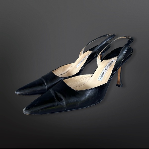 Vintage Manolo Blahnik Black Leather Carolyne Slingback Pumps Heels Sz 8.5 / 39 - Picture 2 of 11